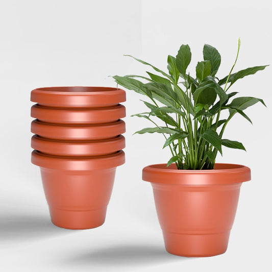 Wildshopperz 12 INCH Pack of 6 Pcs Plastic Flower Pot Unbreakable Round Shape Planter Plastic Gamla for Garden Seedling Indoor and Outdoor (Terracotta)