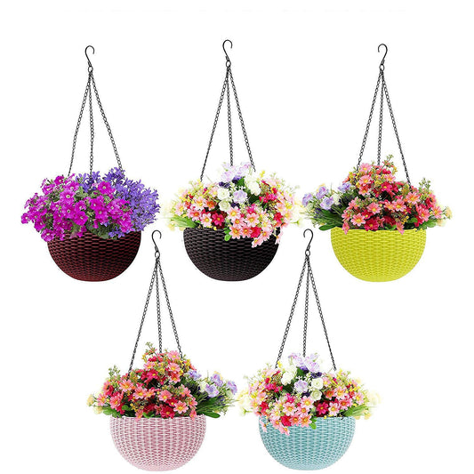 Wildshopperz Plastic Hanging Planters with Chain Set of 5 – UV-Stabilized, BPA-Free for Balcony, Garden, Indoor & Outdoor Décor, Rattan-Style Finish, Multicolor Pots, 7.1 Inch Diameter